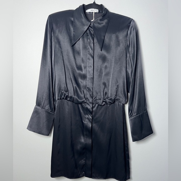MANGO Black Satin Button Down Shirt Dress Flared Sleeves - Picture 3 of 8